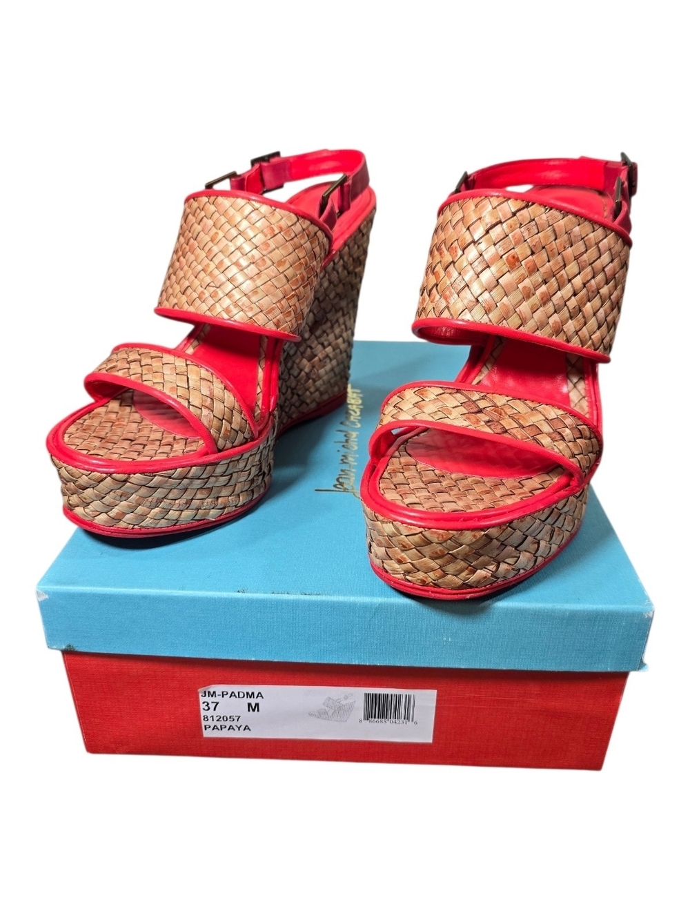 Woven Papaya Red Platform Wedge Sandals Jean-Michel Cazabat